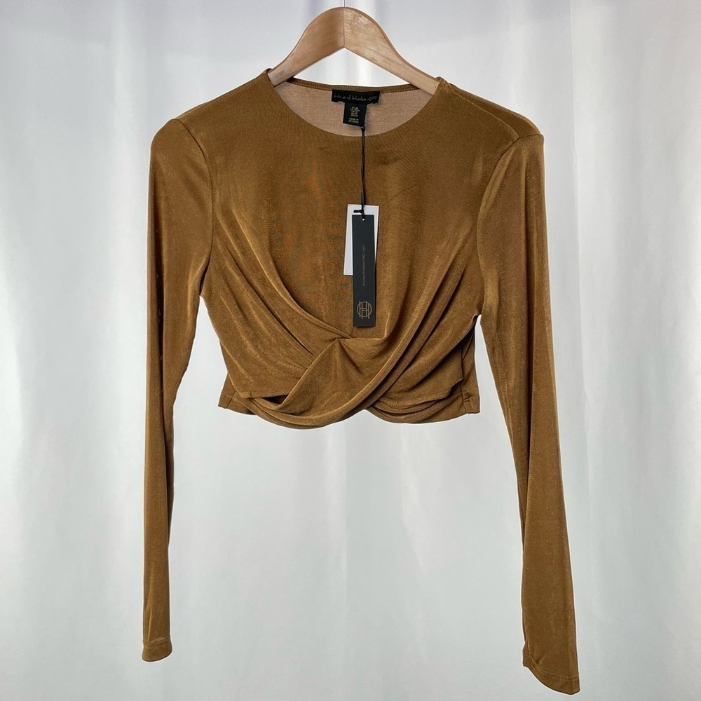 NWT House of Harlow 1960 Long‎ Sleeve Cropped Shimmer Top in Bronze Size Medium